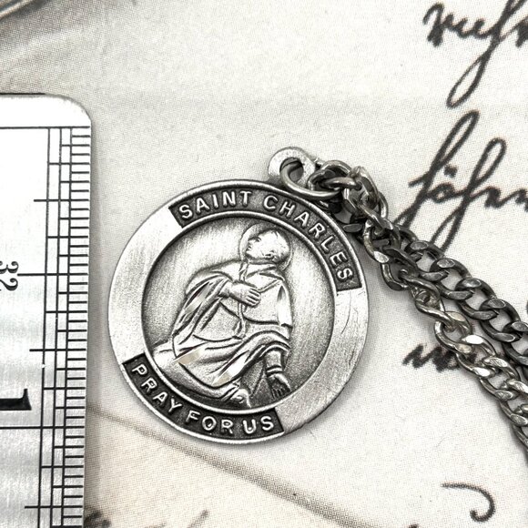 Vintage Silver Tone Saint Charles Borromeo Catholic Religious Medal Necklace - Picture 10 of 10